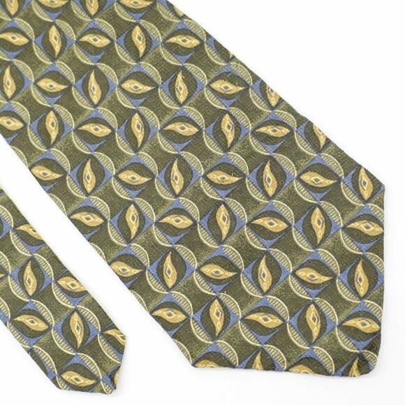 Claiborne Green Tan Blue Abstract Geometric Jacquard‎ Print Short Wide Silk Tie - Picture 1 of 5